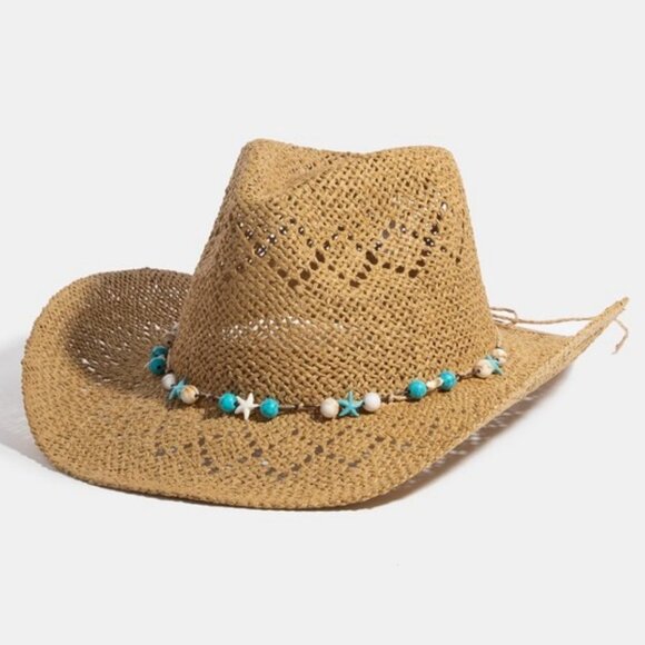Fame Turquoise and Shell Star Beads Strap Western Straw Hat - Picture 1 of 6